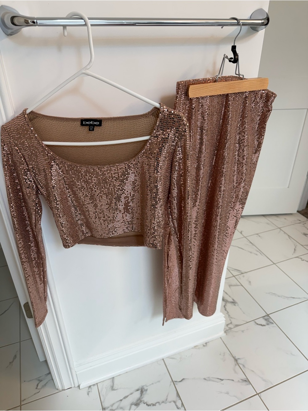 NWOT bebe Rose-Gold Sequin Maxi Skirt Set